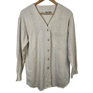 Krazy Kat Mens Cotton Linen Blend Striped Button Up Shirt Size Medium‎